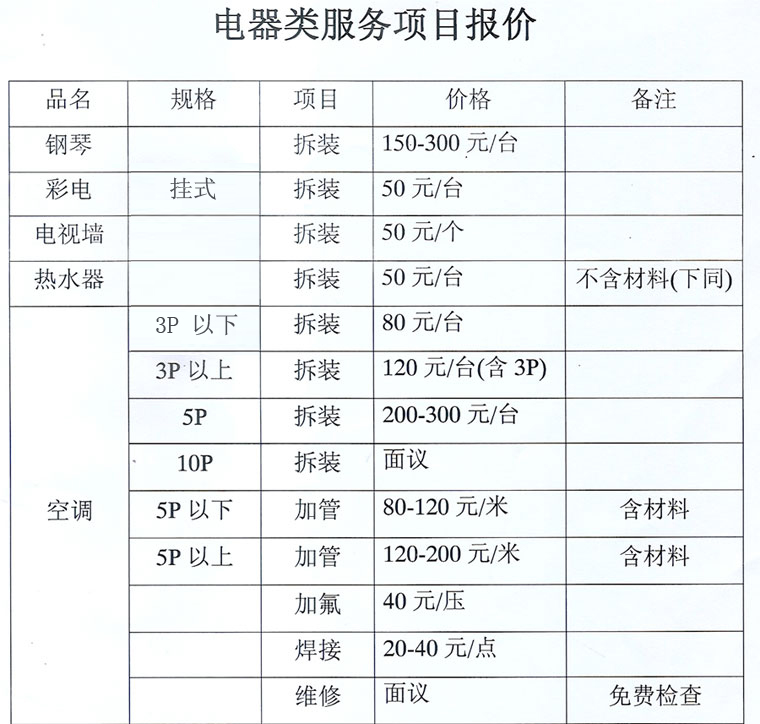 电器类服务项目报价 [推荐]